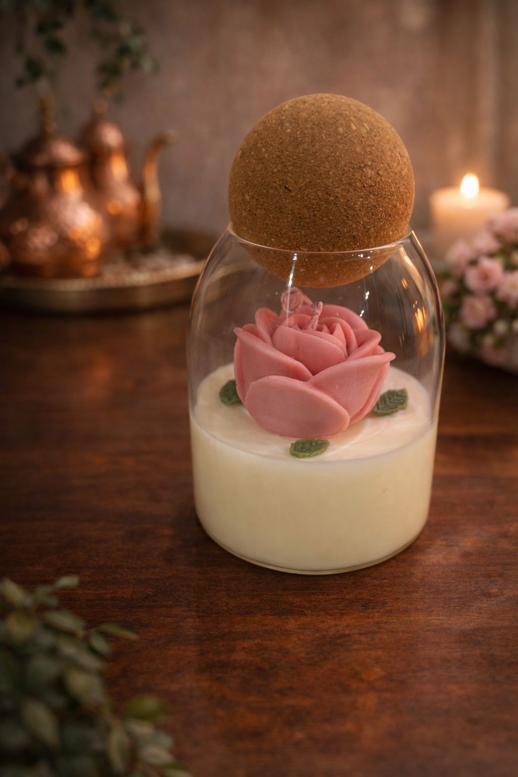 Luxe Geurkaars in Glas met Rozen-Sculptuur en Kurken Bol - Handgemaakt - Cadeau voor haar