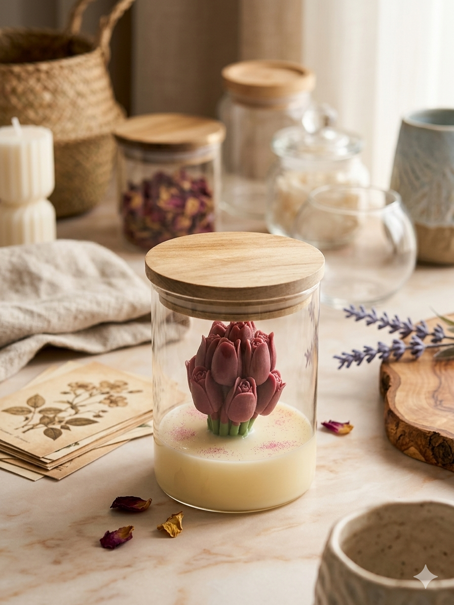 🌼 Sfeervolle kaars met Tulpen Boeket – warmte en elegantie in één