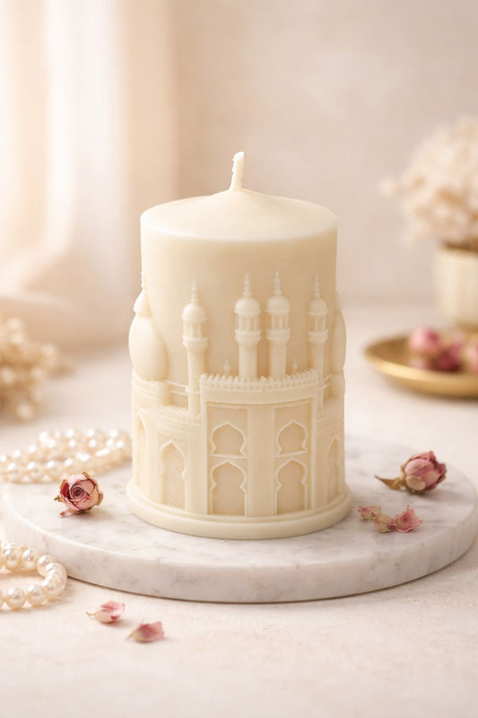 Handgemaakte Pilarenkaars met Moskee Reliëf - Ramadan Decoratie