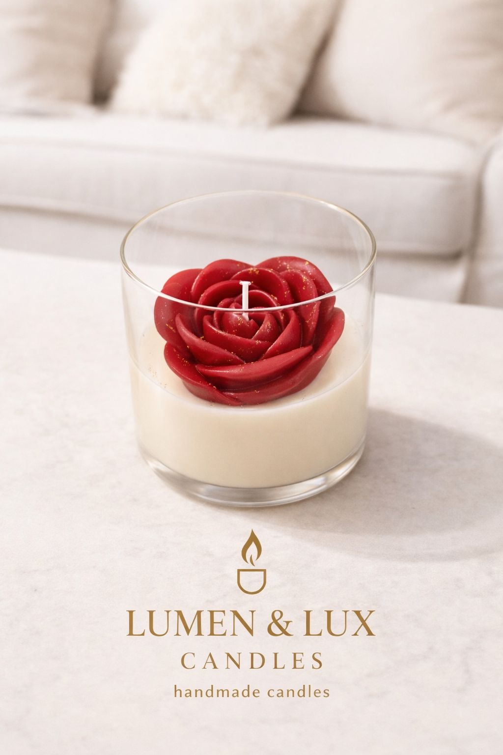 Lumen & Lux Luxe Handgemaakte Kaars - Grote Rode Roos - Decoratieve Sfeerkaars in Glas - Romantisch Cadeau voor Valentijn & Moederdag (grote roos) - Ramadan Kareem