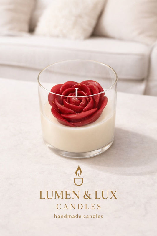 Lumen & Lux Luxe Handgemaakte Kaars - Grote Rode Roos - Decoratieve Sfeerkaars in Glas - Romantisch Cadeau voor Valentijn & Moederdag (grote roos)