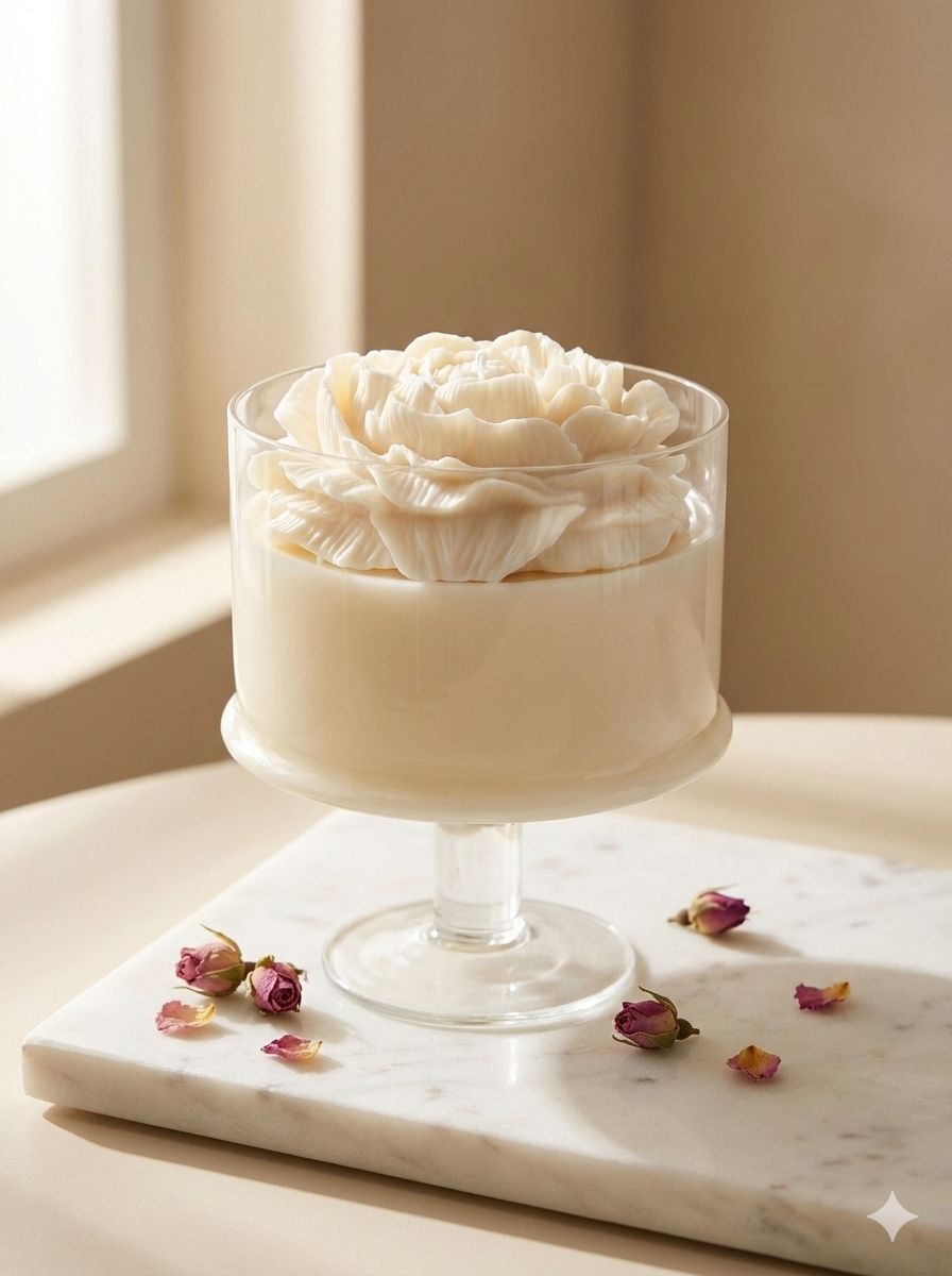 Lumen & Lux Exclusieve Kaars in Glas op Voet - Grote Witte Bloem (Pioenroos) - Handgemaakte Sfeerkaars -Luxe Woondecoratie & Bruiloft Cadeau